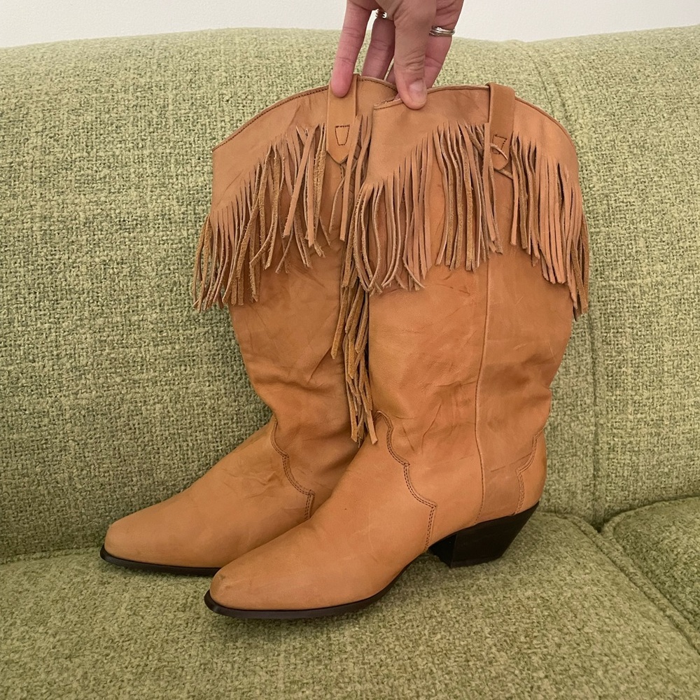 Genuine leather fringe cowgirl boots